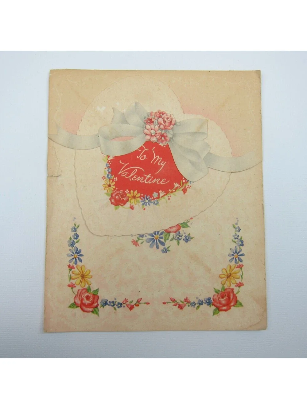 Vintage Valentine Card Flowers Blue Yellow Red Heart Ribbon Fold Golden Bell